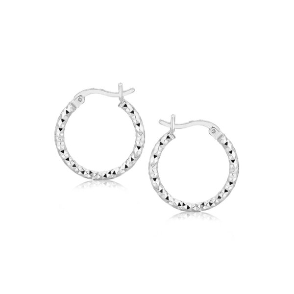 Sterling Silver Faceted Design Hoop Earrings with Rhodium Plating