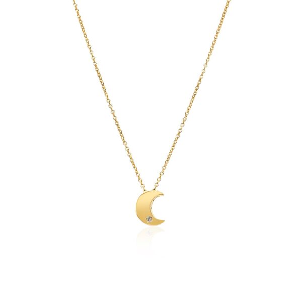 14k Yellow Gold Polished Moon Necklace with Diamond - Image 2