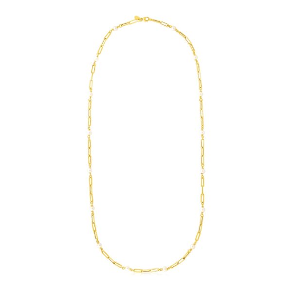 14k Yellow Gold Paperclip Chain and Pearl Necklace