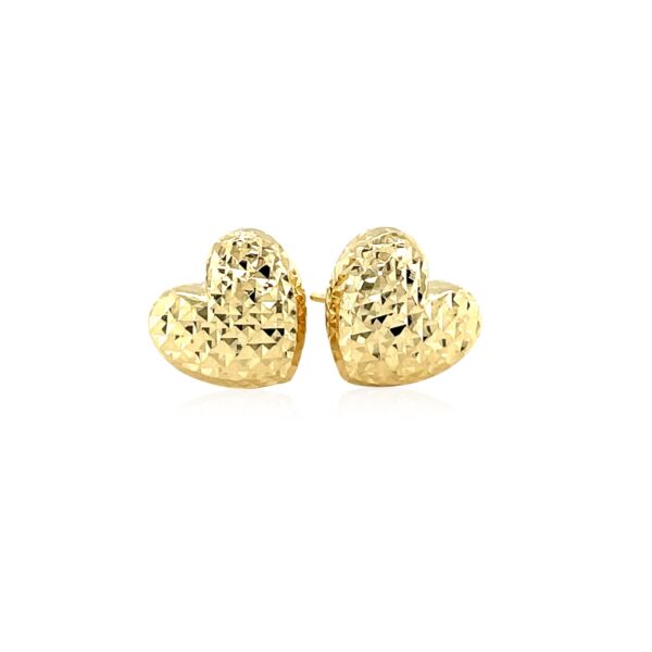 14k Yellow Gold Puffed Heart Earrings with Diamond Cuts - Image 2