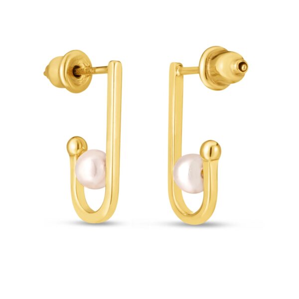 14k Yellow Gold J Hoop Pearl Earrings - Image 2