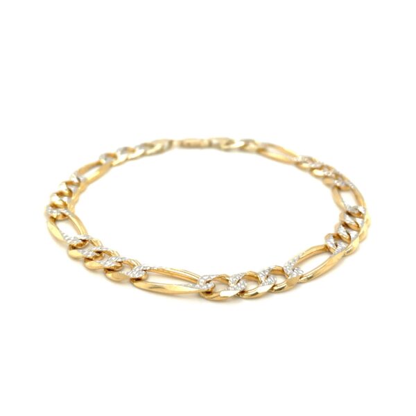 7.0mm 14K Yellow Two Tone Solid Pave Figaro Bracelet - Image 2