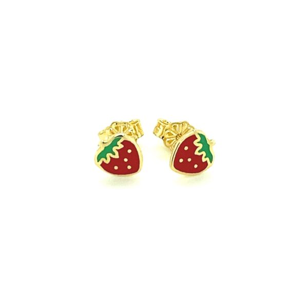 14k Yellow Gold Enameled Strawberry Childrens Earrings - Image 2