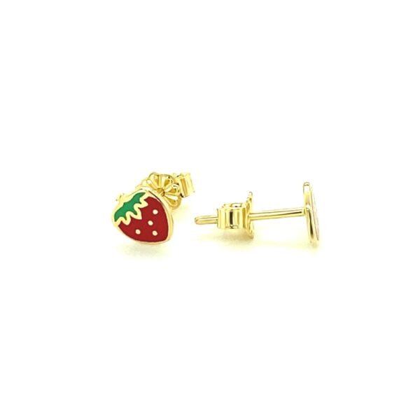 14k Yellow Gold Enameled Strawberry Childrens Earrings - Image 3