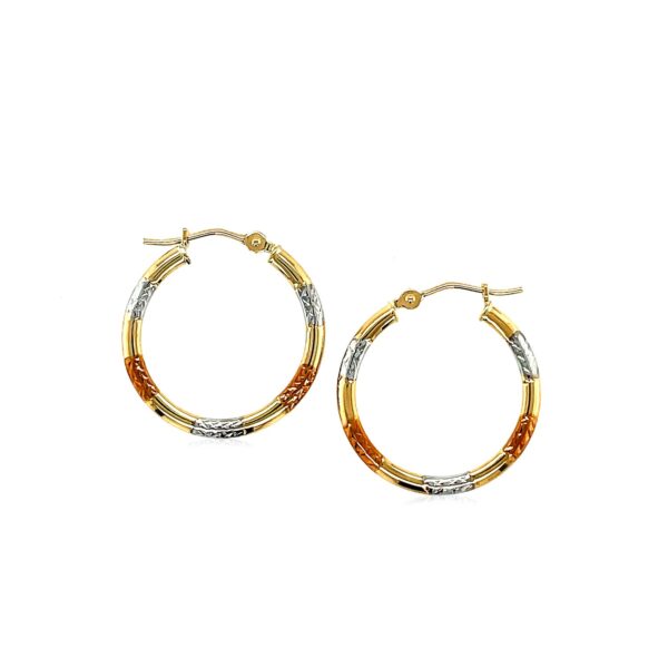 10k Tri-Color Gold Classic Hoop Earrings with Diamond Cut Details - Image 2