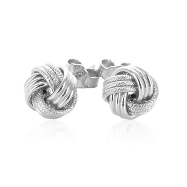 14k White Gold Love Knot with Ridge Texture Earrings - Image 2