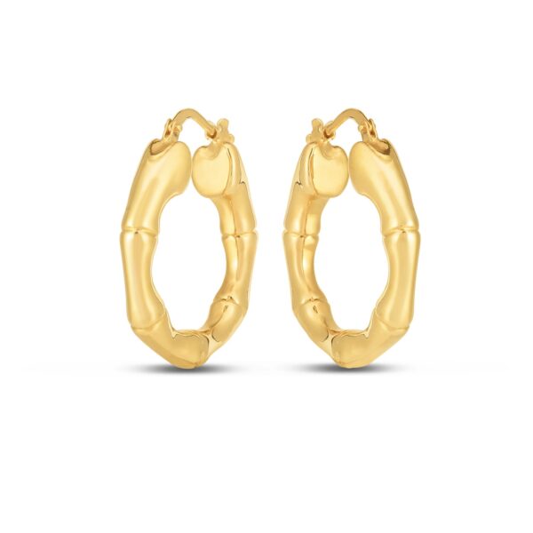 14k Yellow Gold Medium Bamboo Hoop Earrings (25mm) - Image 2