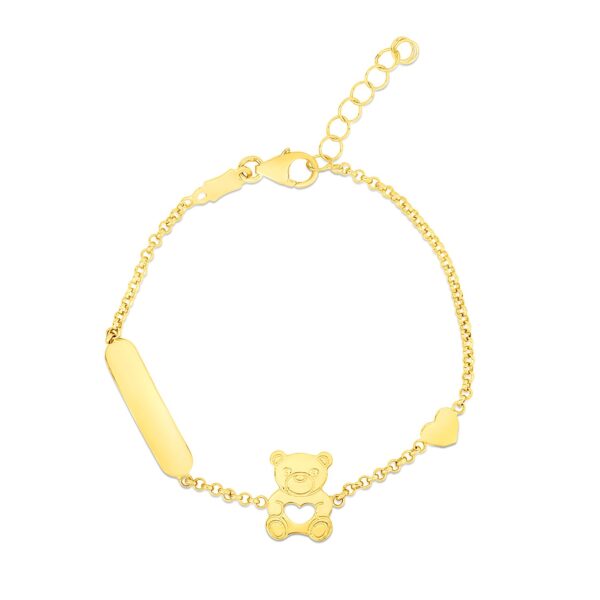 14k Yellow Gold Childrens Bracelet with Teddy Bear Heart and Bar - Image 2