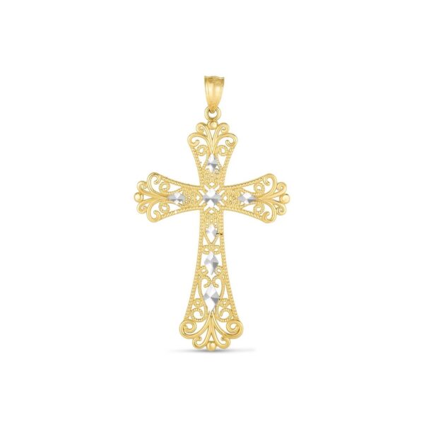 14k Two Tone Gold High Polish Diamond Cut Cross Pendant