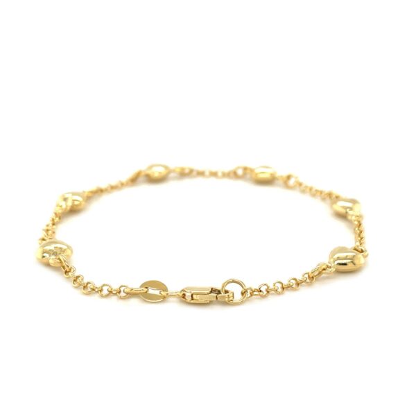 14k Yellow Gold Rolo Chain Bracelet with Puffed Heart Stations - Image 2