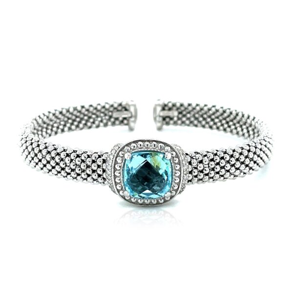 Popcorn Texture Cuff Bangle with Blue Topaz and Diamonds in Sterling Silver - Image 2