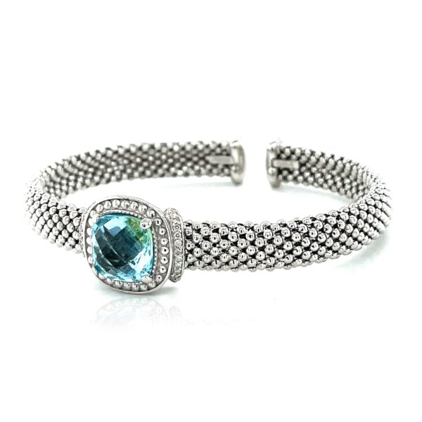 Popcorn Texture Cuff Bangle with Blue Topaz and Diamonds in Sterling Silver - Image 3