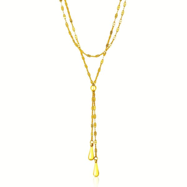 14k Yellow Gold Double Strand Chain with Puffed Heart Lariat Necklace